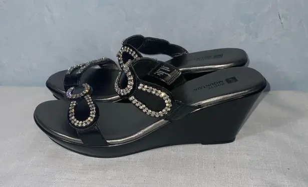White Mountain  Black Rhinestone Open Toe Strappy 3” Wedge Sandals Size 8