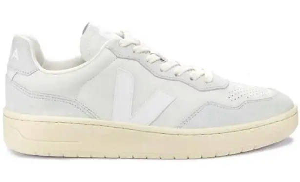 VEJA V-90 Leather and Suede Sneakers in Gravel White