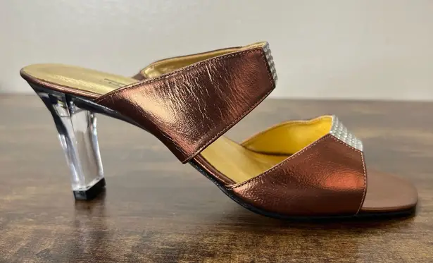 VTG Norman Kaplan Dress Sandals 6 Bronze Rhinestone Slip On Clear Heel Evening Brown