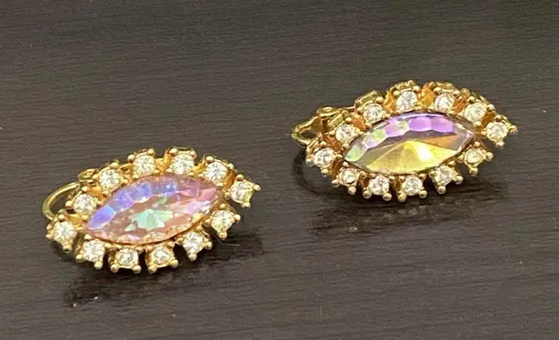 Vintage TARA Signed AB Crystal Aurora Borealis Marquis Navette Clip On Earrings