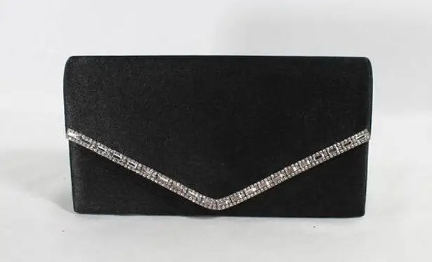 New Black Sateen Evening Clutch Bag with Rhinestone Detailing and Silver Chain