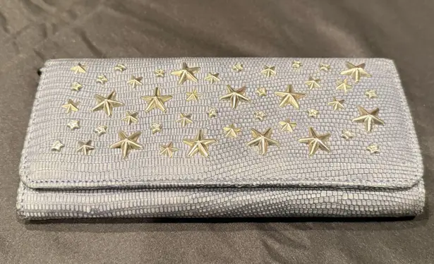 Jimmy Choo Long Wallet Silver Star-Studded with Rhinestones Blue Grey Leather