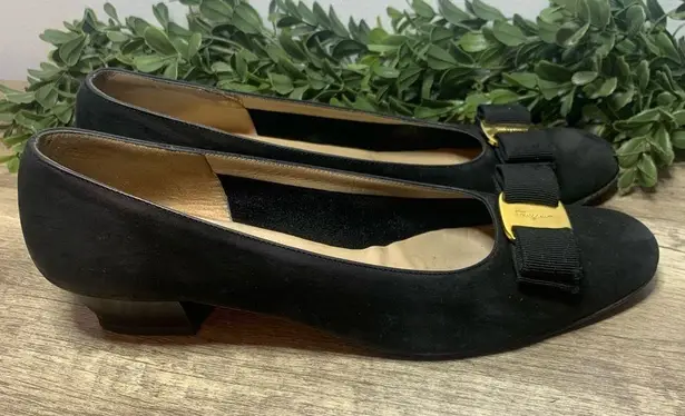 Salvatore Ferragamo Black Suede Flats Classic Design Ladies Size 8.5 A