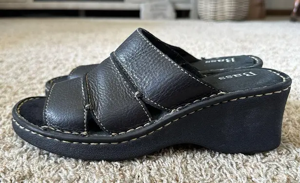 Bass Black Leather Sandals Slide Wedge Heels Womens Size 8 Y2K Chunky