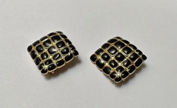 Erwin Pearl P.E.P. Black Enamel Clip On Earrings Gold Tone Square