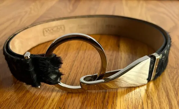 WCM New York Black Leather Calf Hair Abstract Design Belt 34" Circular Buckle Black