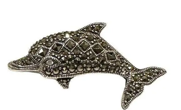 Sterling Silver Marcasite Dolphin Brooch Pin 1 7/8 Inch