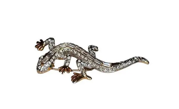 Vtg Clear & Green Rhinestones Reptile Lizard Gecko Jewelry Brooch Mint Condition Gold