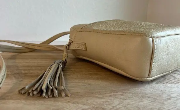 Diamicci Vintage 90s Cream Leather Woven Tassel Pull Crossbody Small. Square Bag