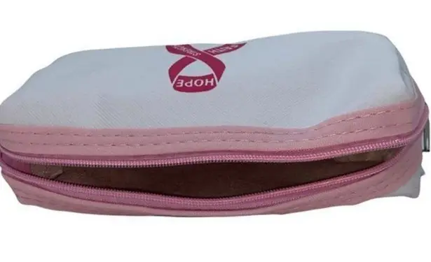 NWT White Breast Cancer Awareness Pencil Case Cosmetic Beauty Bag Keychain Pouch