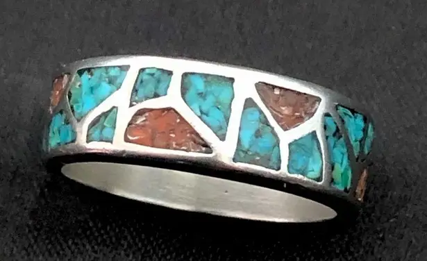 Sterling Silver Southwest Native Crushed Turquoise Coral Mosaic Ring Sz 12-1/2