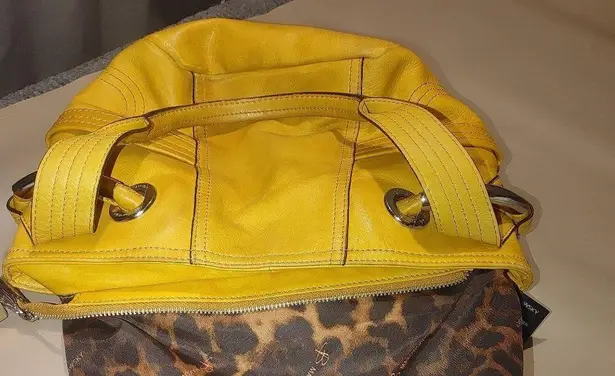 B Makowsky Yellow Leather Tote Bag With Animal Print Lining & Dual Handles Zippe