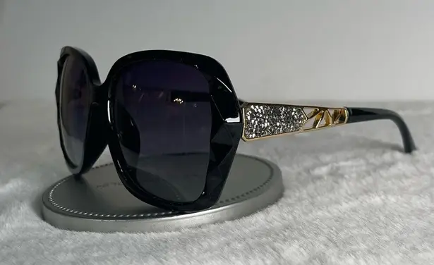 Black & Gold Oversized Square Sunglasses Polarized Tinted w Crystal Frames Nwt