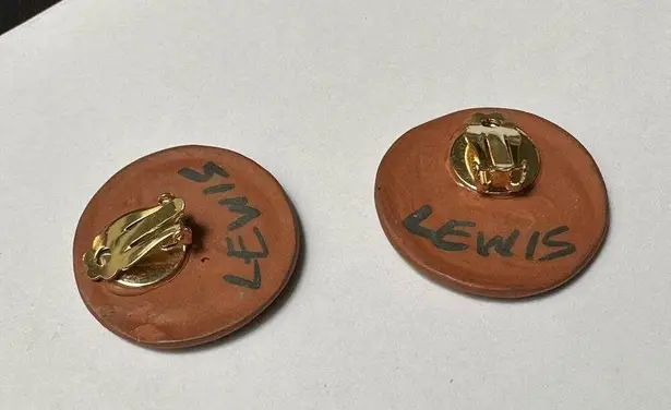 Signed Lewis Handmade Hand Crafted Round Ceramic Clip On Earrings