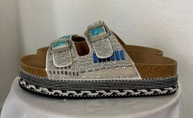 Chunky Silver Blue Rhinestone Beaded Bedazzled Platform Sandal Slides 10 10.5