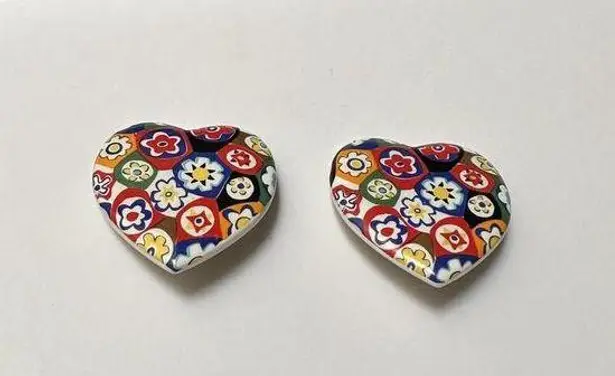Large Oversized Ceramic Heart Clip On Earrings Multi Color Floral Mosaic Print
