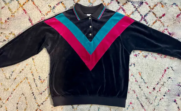 Jantzen Vintage 80s Retro Velour Chevron Snap Crewneck - Grey/Teal/Magenta - S
