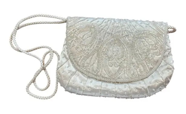 Vintage Satin Beaded Bridal Crossbody Evening Purse White Wedding Bag