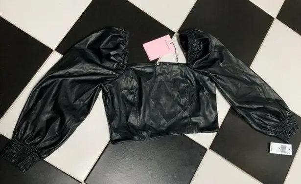 Avec Les Filles NWT Faux Leather Black Crop Top Smocked Puffy Balloon Sleeves M