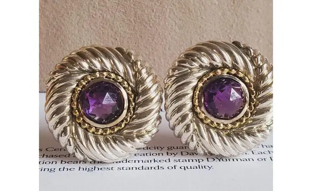 David Yurman  Amethyst Cable Earrings in Sterling Silver & 14 K Gold