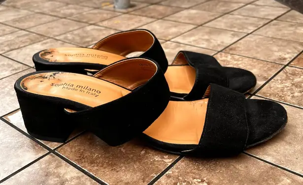 Sophia Milano 9 Black Suede Block Heel Leather Women's Sandals Made In Italy Italian Summer Shoes