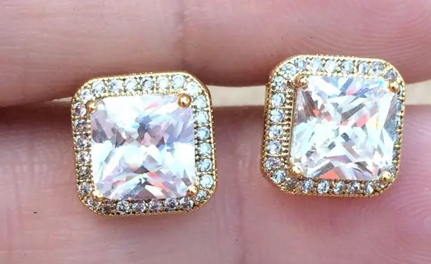 Gold Plated Princess Cut CZ Halo Stud Earrings