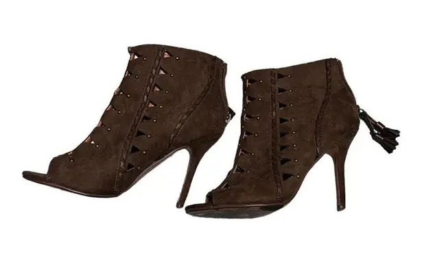 Report Olive Green Cutouts Brads Moto Heels Size 9 Cowboy Western Fringe Biker