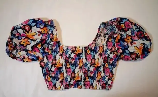 Aura My Hope Haven Navy Floral Print Puff Sleeve Cotton Crop Top Shirt Blouse