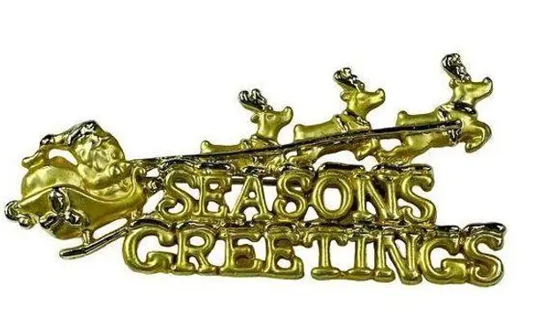 AJC Christmas Santa Sleigh Reindeer Seasons Greetings Pin Brooch Gold Tone