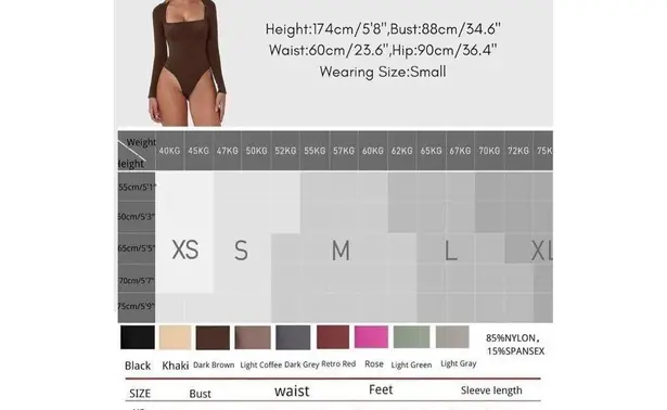 NEW QINSEN Square Neck Bodysuit Long Sleeve Double Lined L Brown Size L