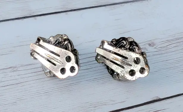 Vintage Clip On Earrings Metallic & Dark Silver Tone Statement Regal