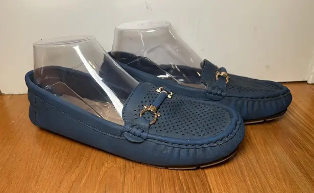 H By Bendel Shoes Womens Size 9W Blue Leather Perforated Loafer Moc Drivers