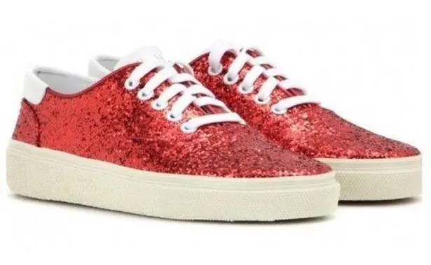 Saint Laurent Skate Red Glitter Sneakers Lace Up Low Top Size 37