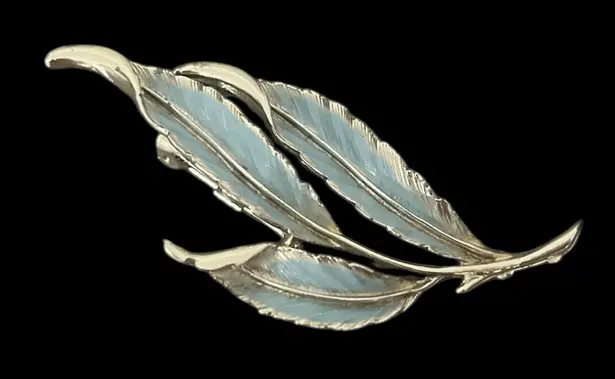 Vintage Estate Silver Tone Leaf Powder Blue Enamel Leaves Brooch Pin