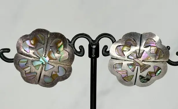 Vintage Alpaca Mexico Sterling Silver 925 MR Abalone Flower Earrings ✨