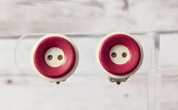 Vintage Clip On Earrings Red & Cream Button Design