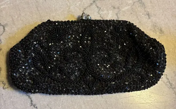 VINTAGE Hong Kong Black Hand BEADED CLUTCH PURSE Silver Clasp