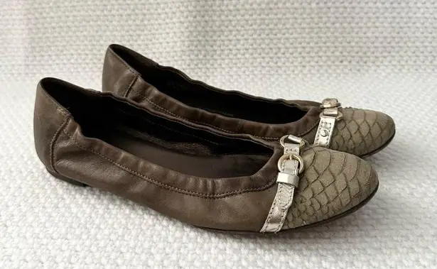 AGL Brown Taupe Snake Textured Cap Toe Ballet Flat Pewter Metallic Buckle 40 Size 9
