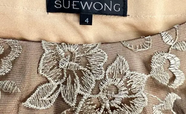 Sue Wong Women's Laced Cap Sleeve Sheath Cocktail Party Dress Gold Size 4