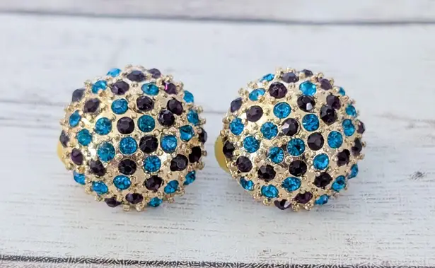 Vintage Clip On Earrings Domed Gold Tone with Blue & Plum Gems 0.75"