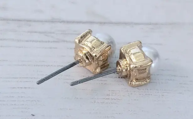 Vintage Stud Earrings Faux Pearl with Square Gold Tone Halo