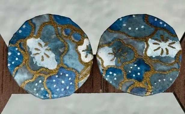 Blue hand painted round floral earrings