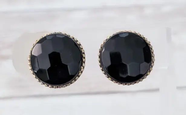 Vintage Clip On Earrings 0.75" Chunky Faceted Black Gem