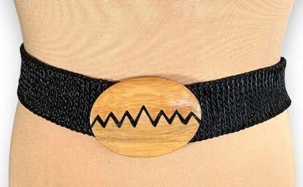 Vintage Statement Belt Black Woven Elastic Wooden Abstract Geometrical Buckle