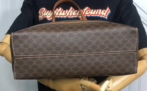 CELINE Macadam Blason Triumph Dark Brown Hand Bag Leather Stripes Authentic