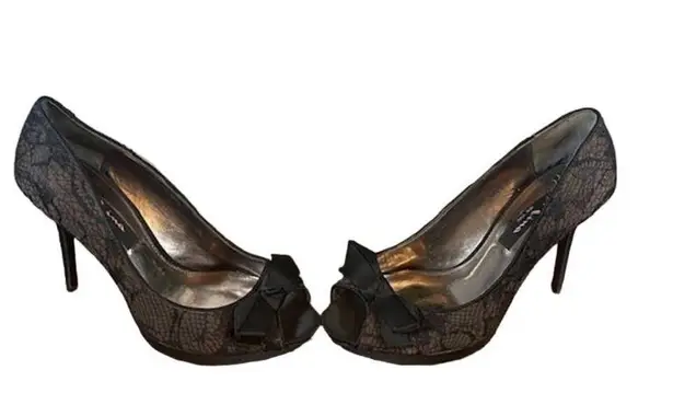 Nina NY Black Lace Bow Front Detail Formal Peep Toe Heels Women SZ 8