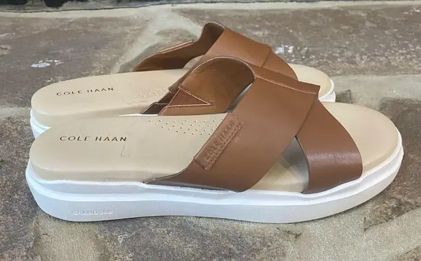 Cole Haan  size 7 leather slip on platform slide sandals tan brown white new