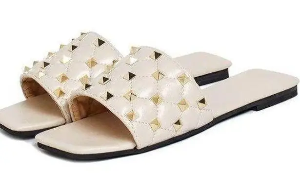 Women's Studded Sandals Flat Square Open Toe Pleather Strap Slides Slip On Shoes Gold Size 6.5