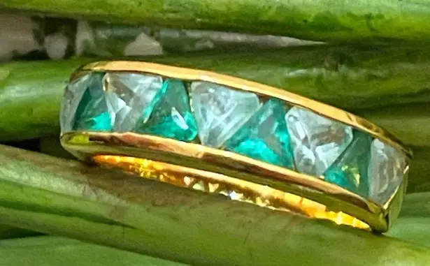 SUZANNE SOMERS 925 Gold Emerald Green Trilliant CZ Cubic Zirconia Ring Size 8