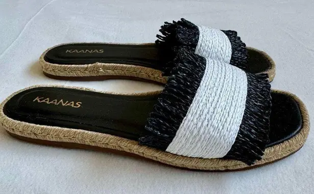 Kaanas Jaya Two Tone Raffia Espadrille Sandal Black White